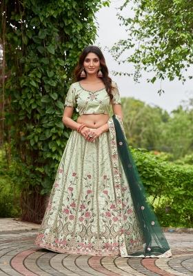Pista Embroidered Satin Lehenga Set