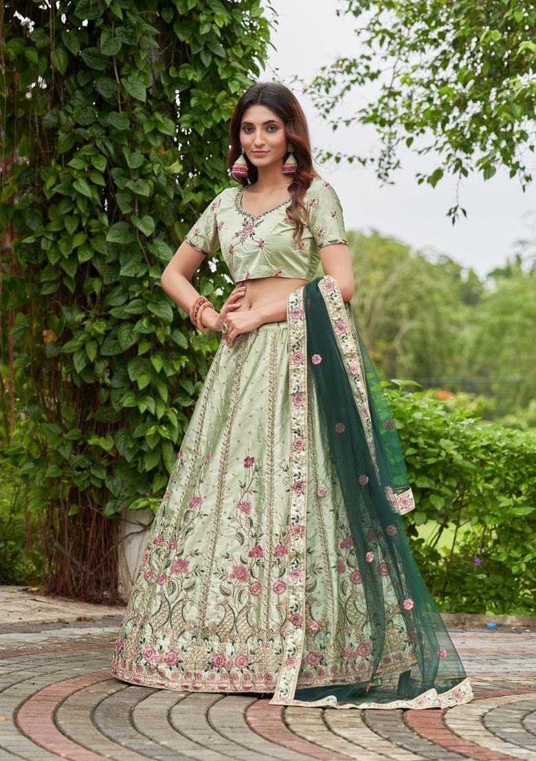 Pista Embroidered Satin Lehenga Set - Indya