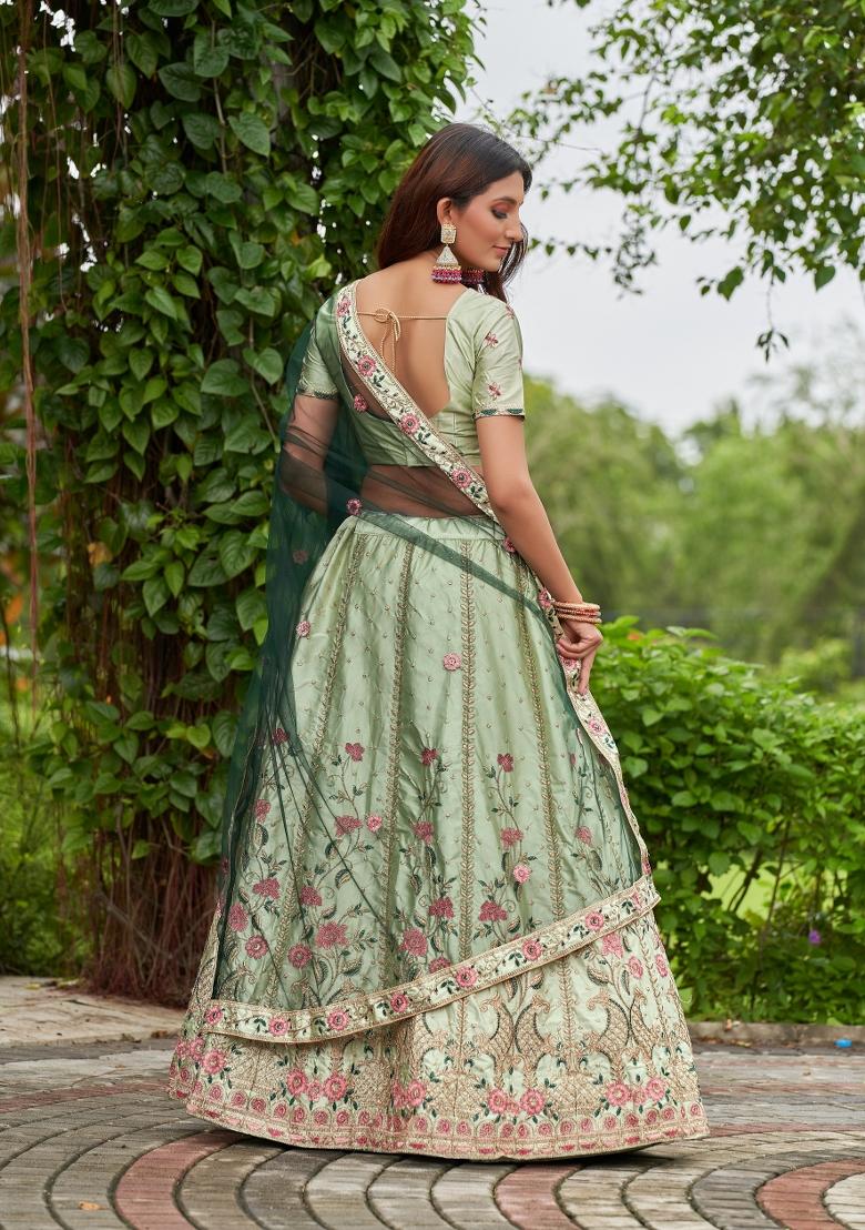 Pista Embroidered Satin Lehenga Set - Indya