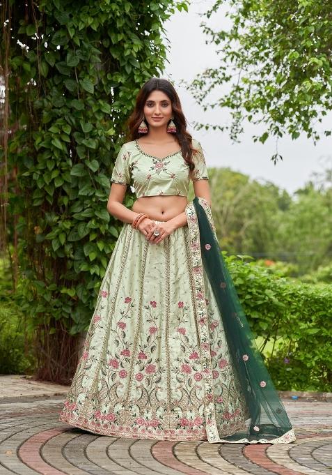 Pista Embroidered Satin Lehenga Set