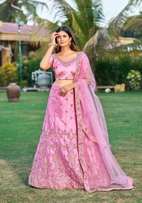 Pink Embroidered Silk Blend Lehenga Set
