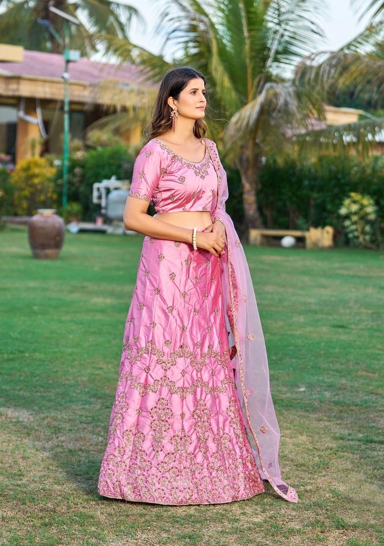 Pink Embroidered Silk Blend Lehenga Set - Indya