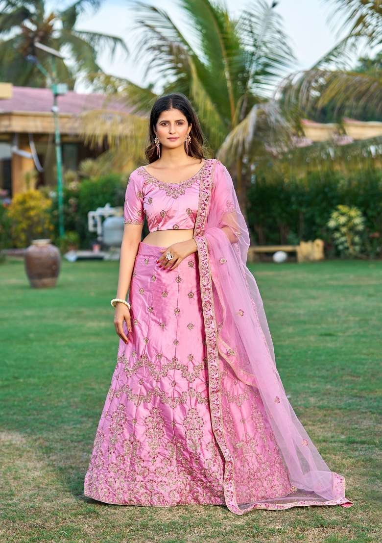 Pink Embroidered Silk Blend Lehenga Set - Indya
