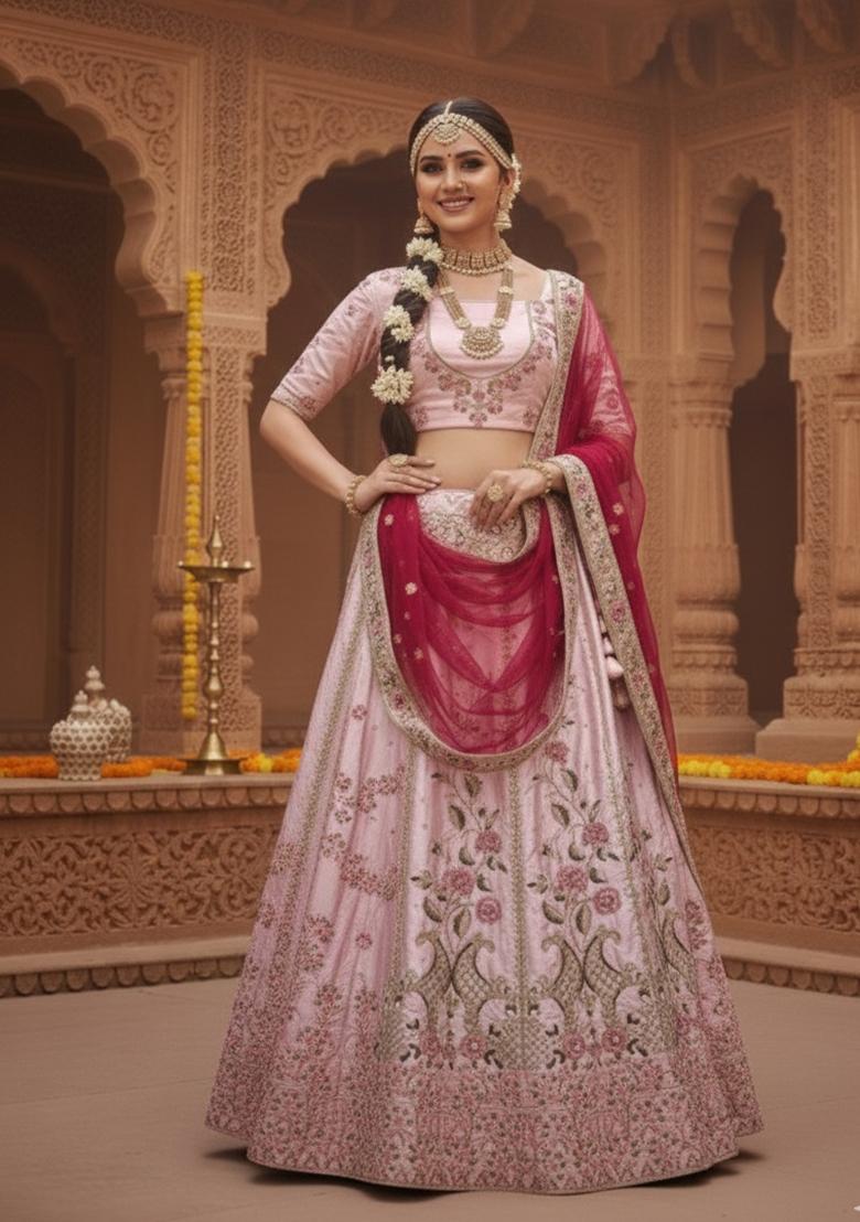 Pink Embroidered Silk Blend Lehenga Set - Indya