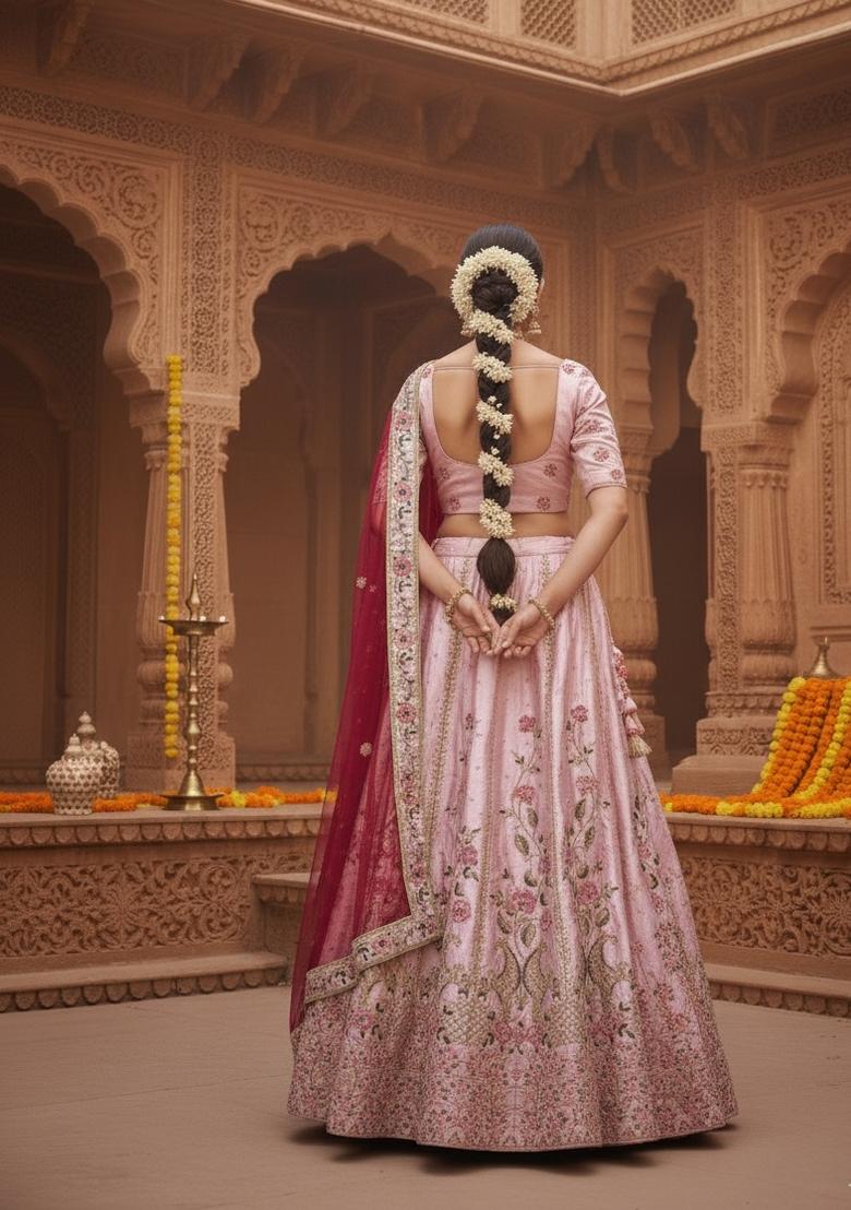 Pink Embroidered Silk Blend Lehenga Set - Indya