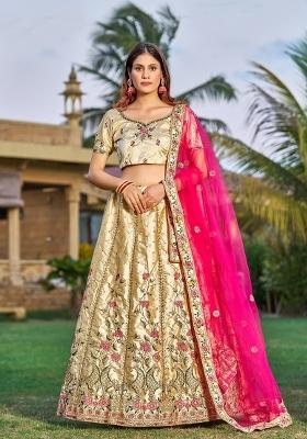 Cream Embroidered Silk Blend Lehenga Set