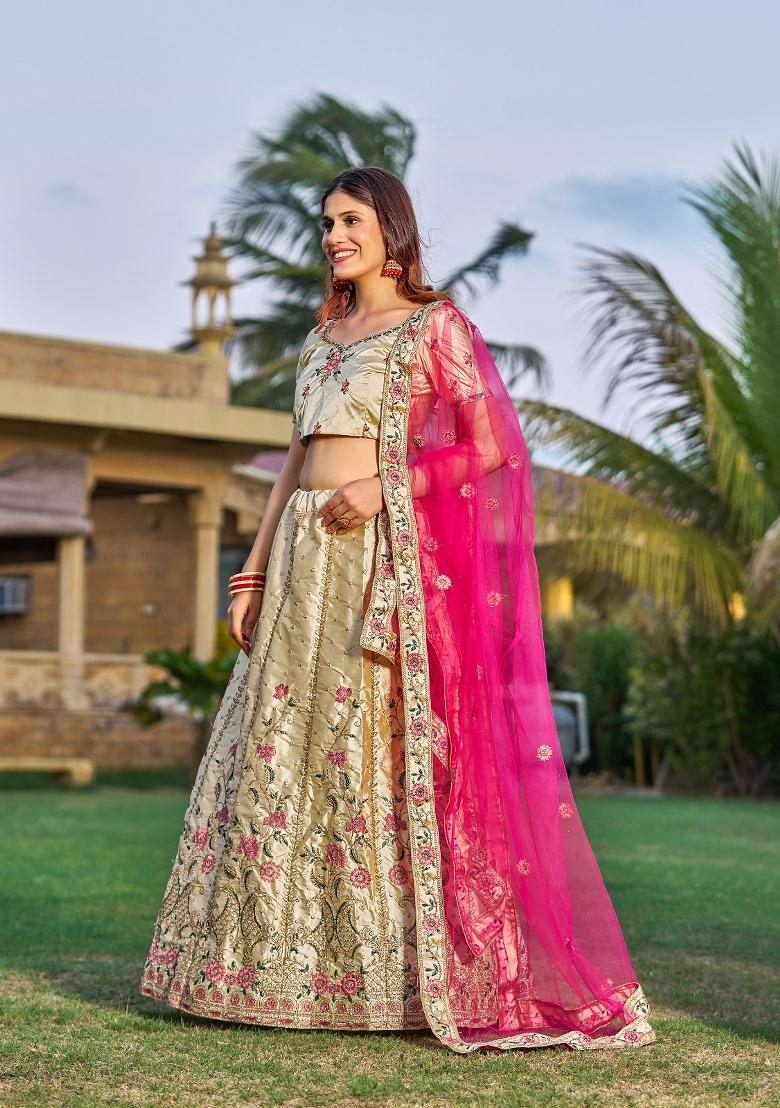 Cream Embroidered Silk Blend Lehenga Set - Indya