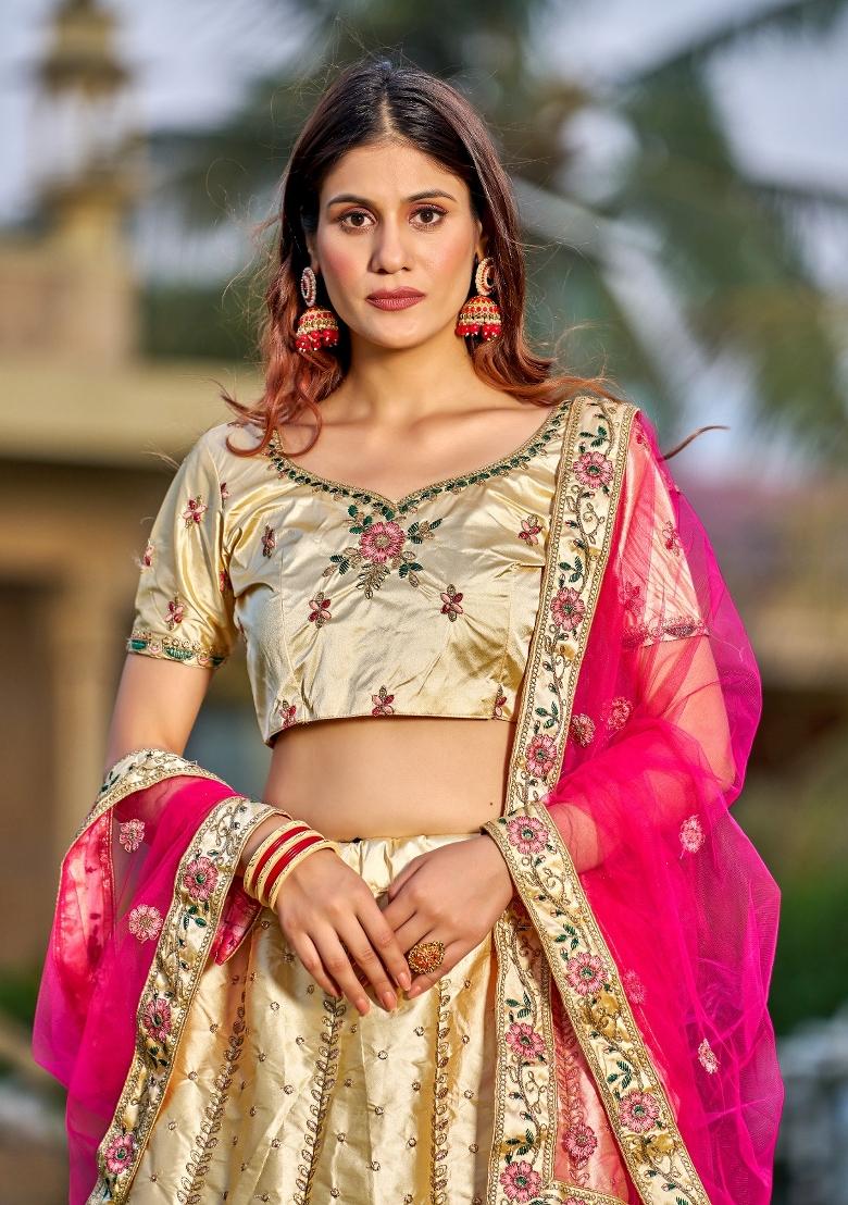 Cream Embroidered Silk Blend Lehenga Set - Indya