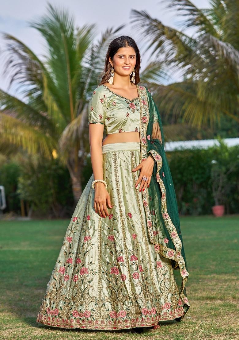 Green Embroidered Silk Blend Lehenga Set - Indya