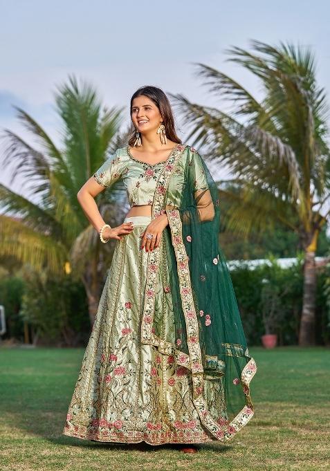 Green Embroidered Silk Blend Lehenga Set