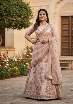 Peach Embroidered Silk Blend Lehenga Set