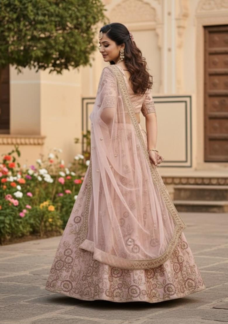Peach Embroidered Silk Blend Lehenga Set - Indya