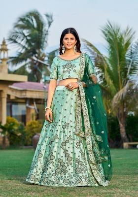 Green Embroidered Silk Blend Lehenga Set