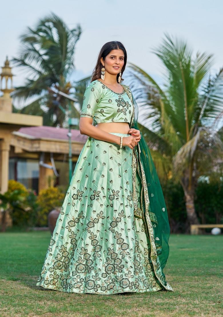 Green Embroidered Silk Blend Lehenga Set - Indya