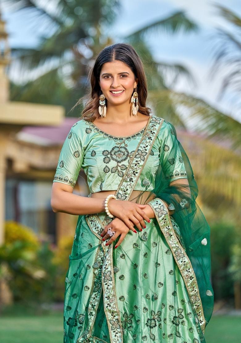 Green Embroidered Silk Blend Lehenga Set - Indya