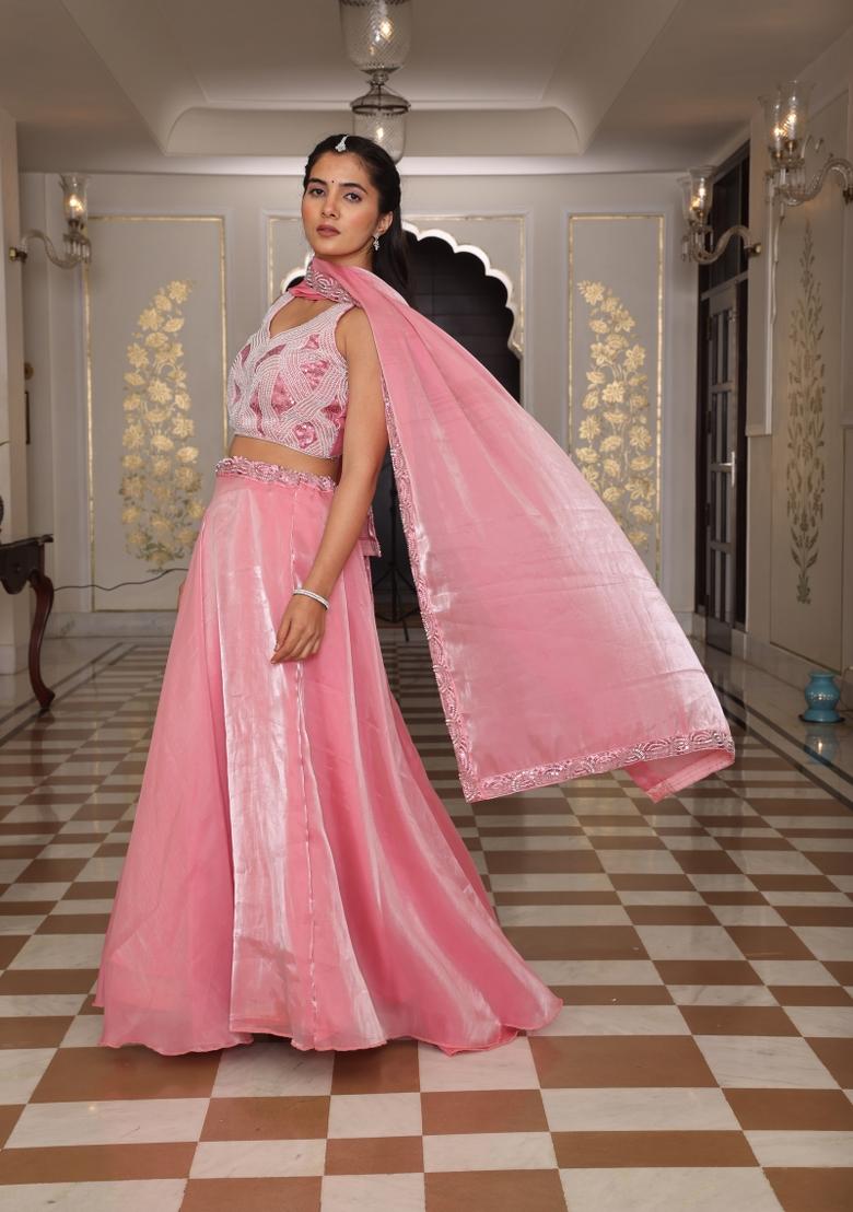 Pink Embroidered Jimmy Choo Lehenga Set - Indya