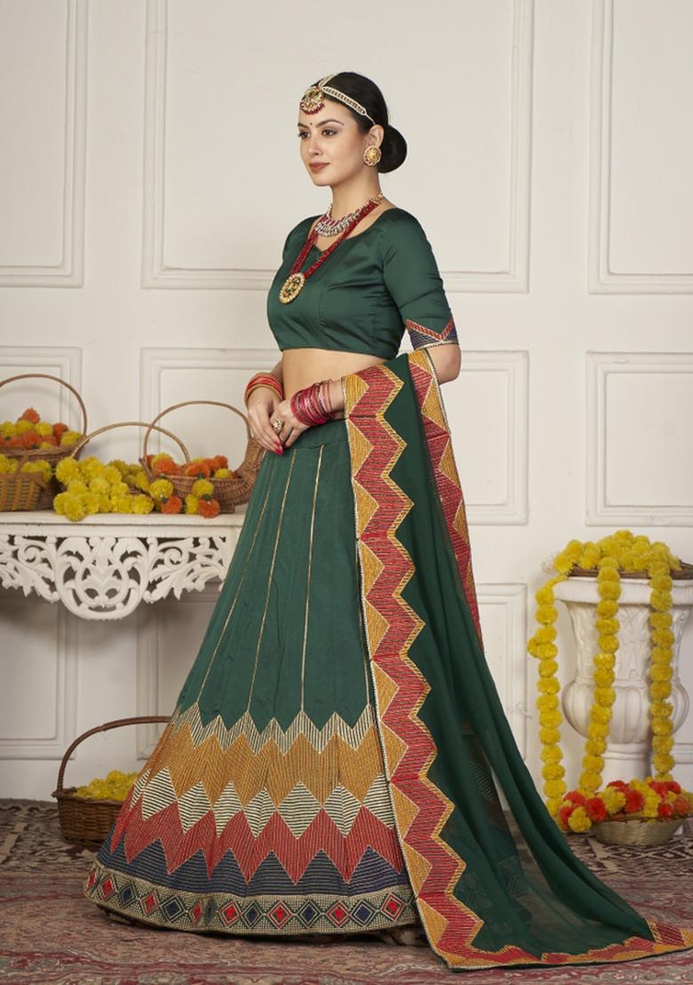 Green Printed Silk Blend Lehenga Set - Indya