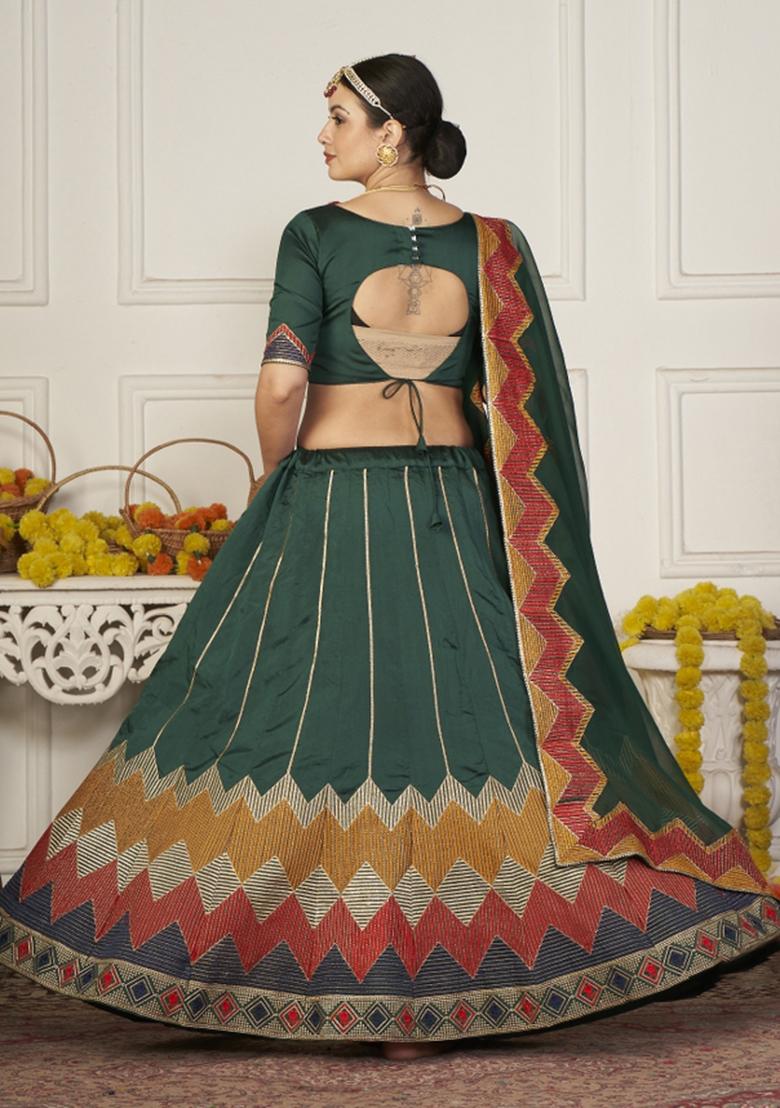 Green Printed Silk Blend Lehenga Set - Indya