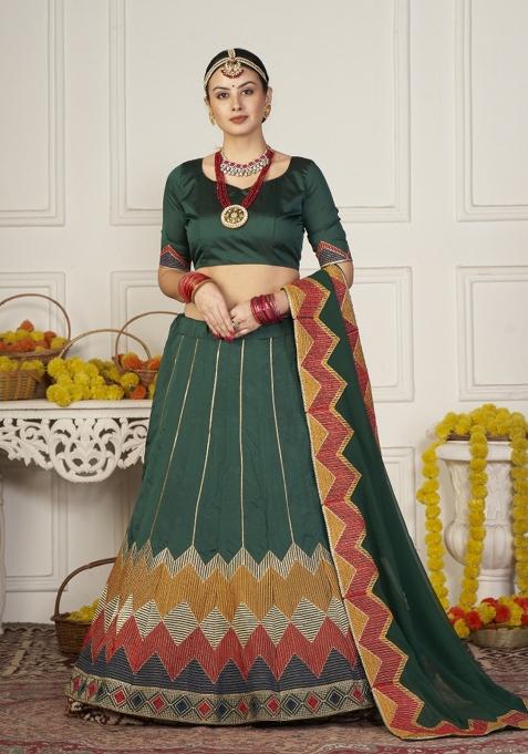 Green Printed Silk Blend Lehenga Set