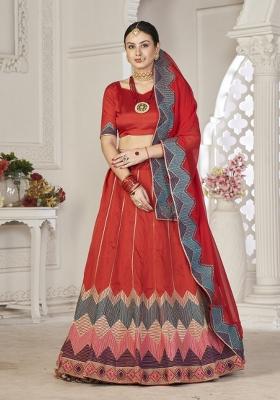 Red Printed Silk Blend Lehenga Set