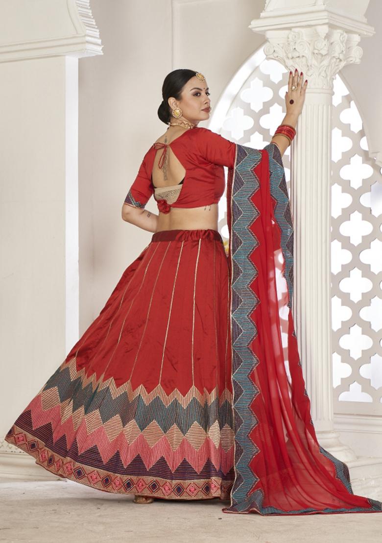 Red Printed Silk Blend Lehenga Set - Indya