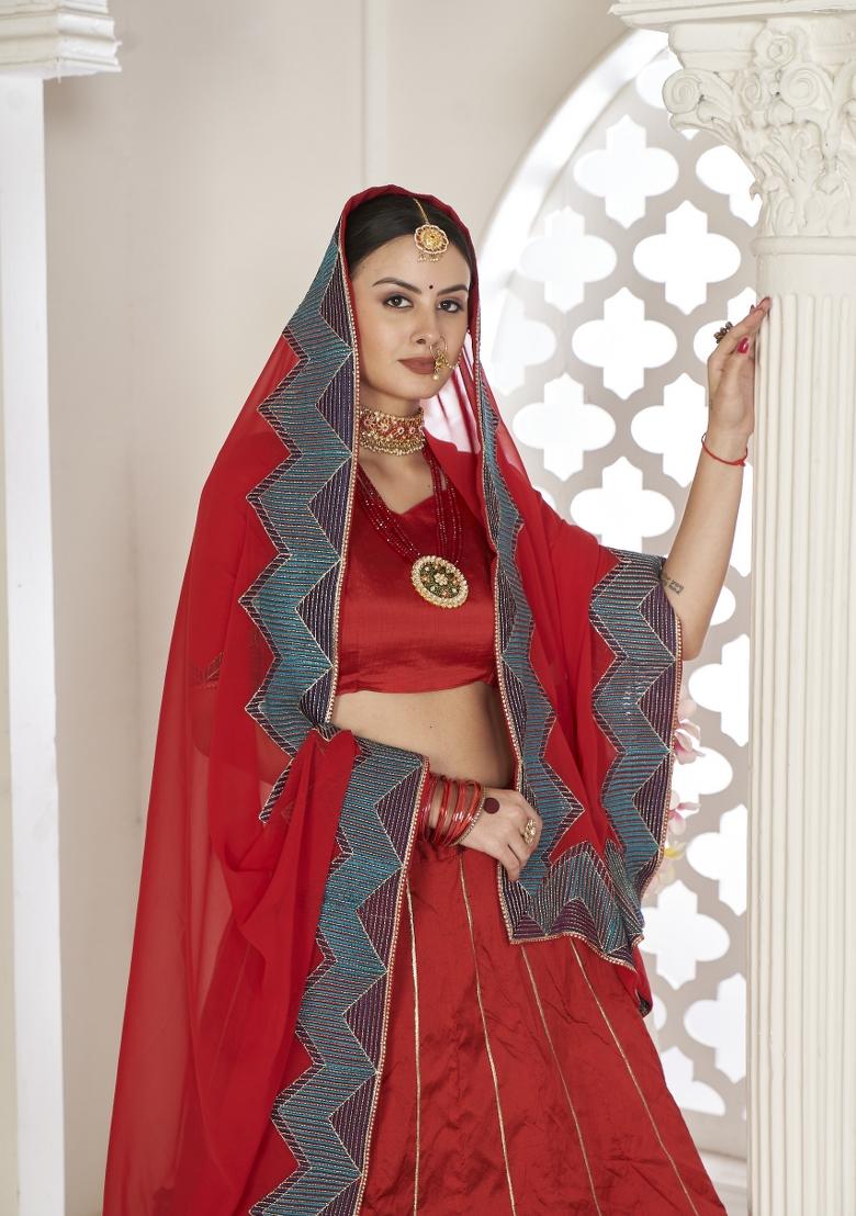 Red Printed Silk Blend Lehenga Set - Indya