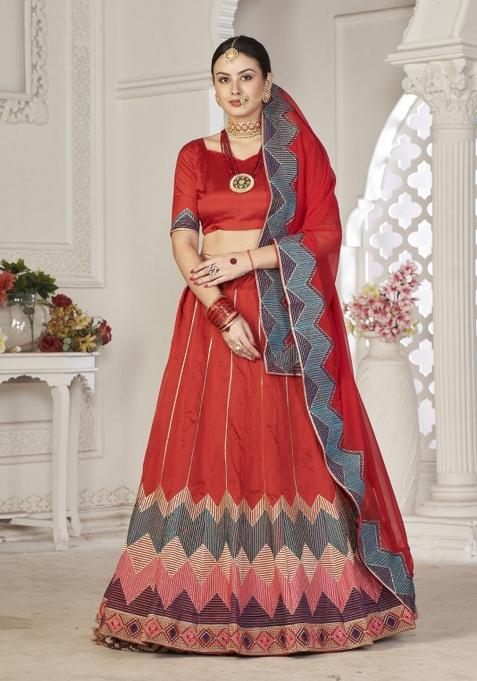 Red Printed Silk Blend Lehenga Set