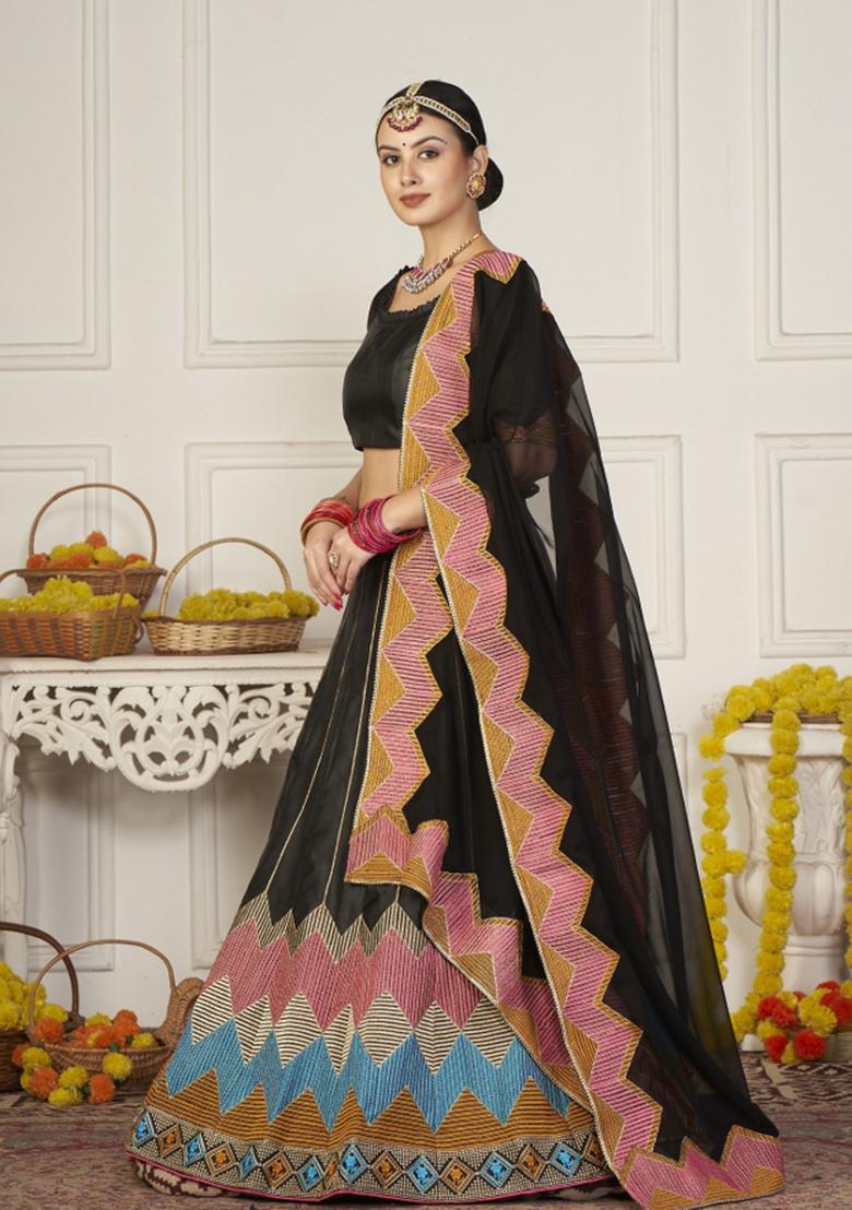 Black Printed Silk Blend Lehenga Set - Indya