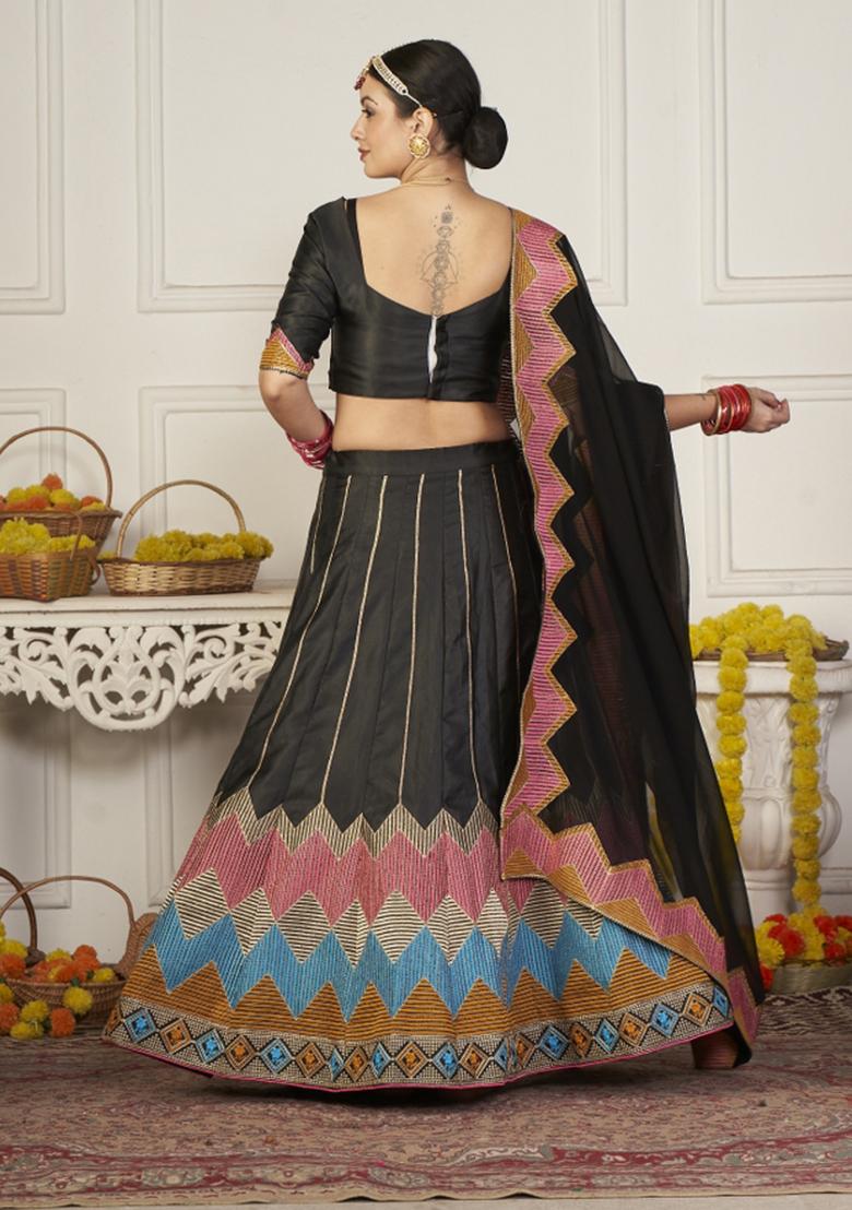 Black Printed Silk Blend Lehenga Set - Indya