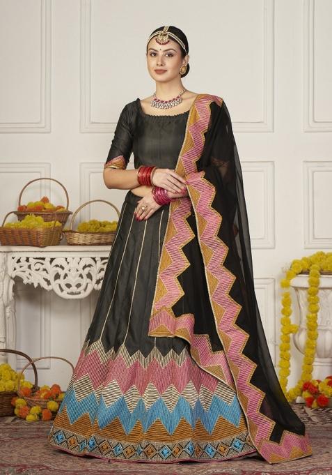 Black Printed Silk Blend Lehenga Set