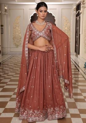 Brown Embroidered Georgette Lehenga Set