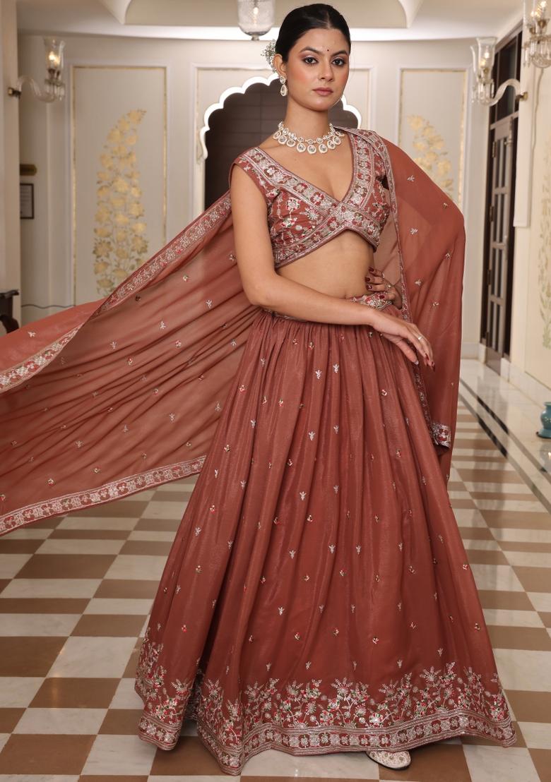 Brown Embroidered Georgette Lehenga Set - Indya