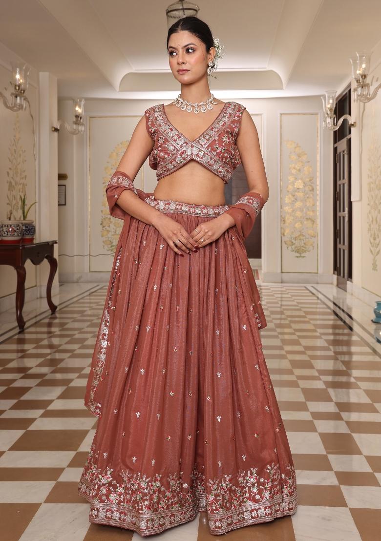 Brown Embroidered Georgette Lehenga Set - Indya