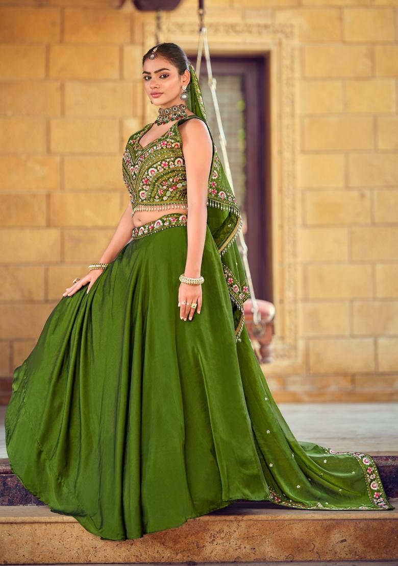 Mehendi Embroidered Silk Blend Lehenga Set - Indya