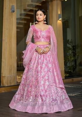 Pink Embroidered Silk Blend Lehenga Set