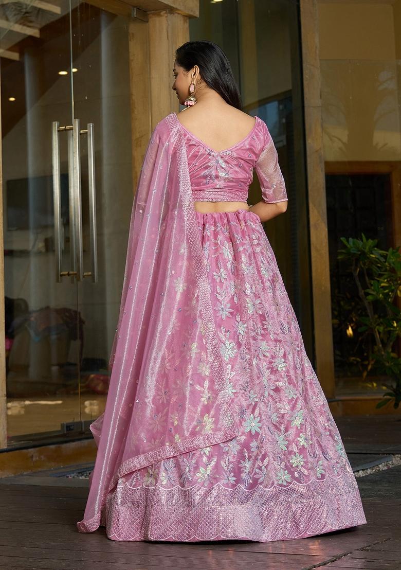 Pink Embroidered Silk Blend Lehenga Set - Indya