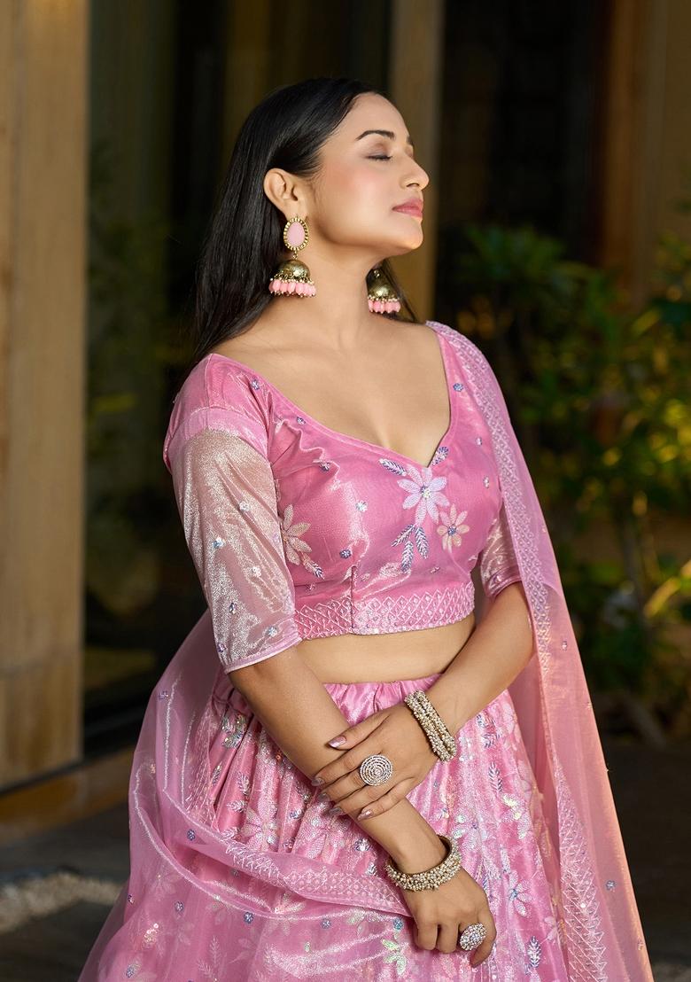 Pink Embroidered Silk Blend Lehenga Set - Indya