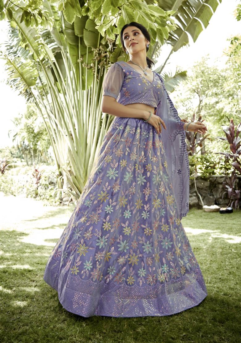 Light Purple Embroidered Silk Blend Lehenga Set - Indya