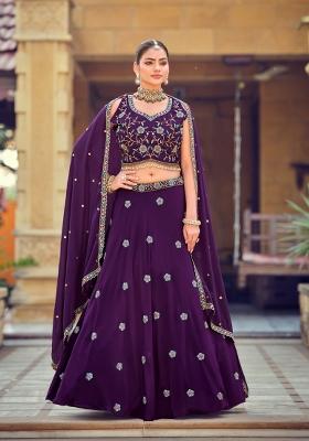 Purple Embroidered Georgette Lehenga Set