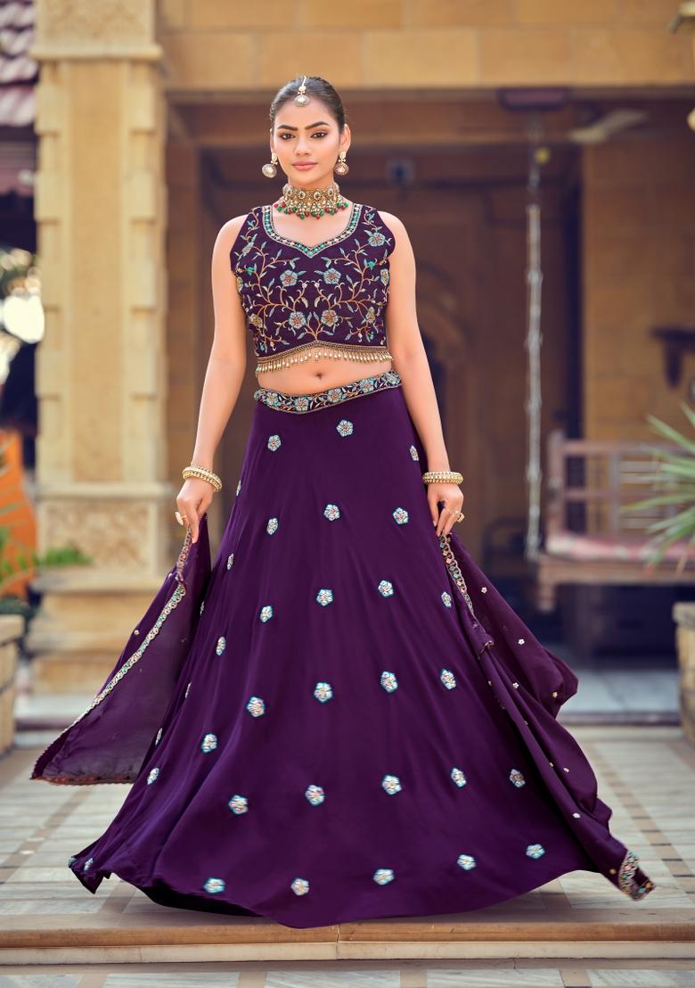 Purple Embroidered Georgette Lehenga Set - Indya