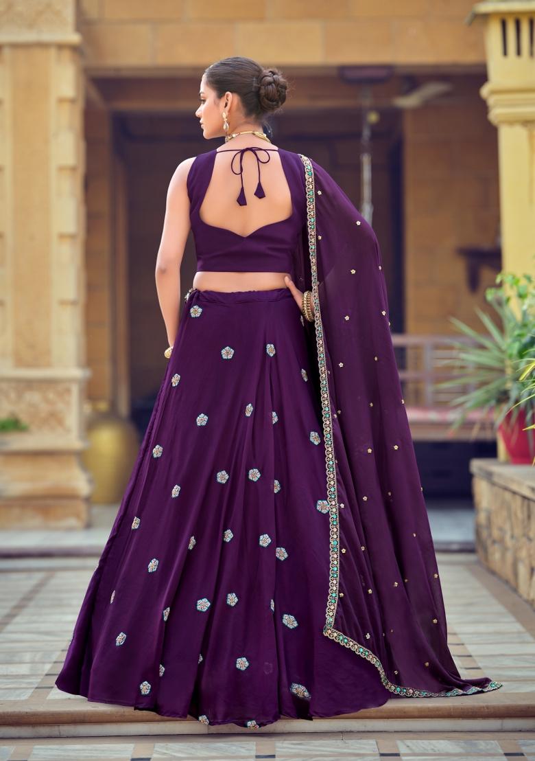Purple Embroidered Georgette Lehenga Set - Indya