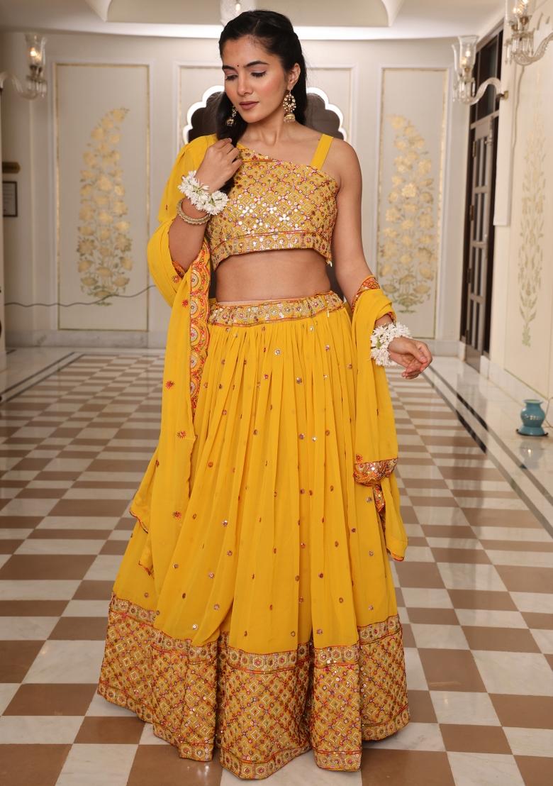 Yellow Embroidered Georgette Lehenga Set - Indya