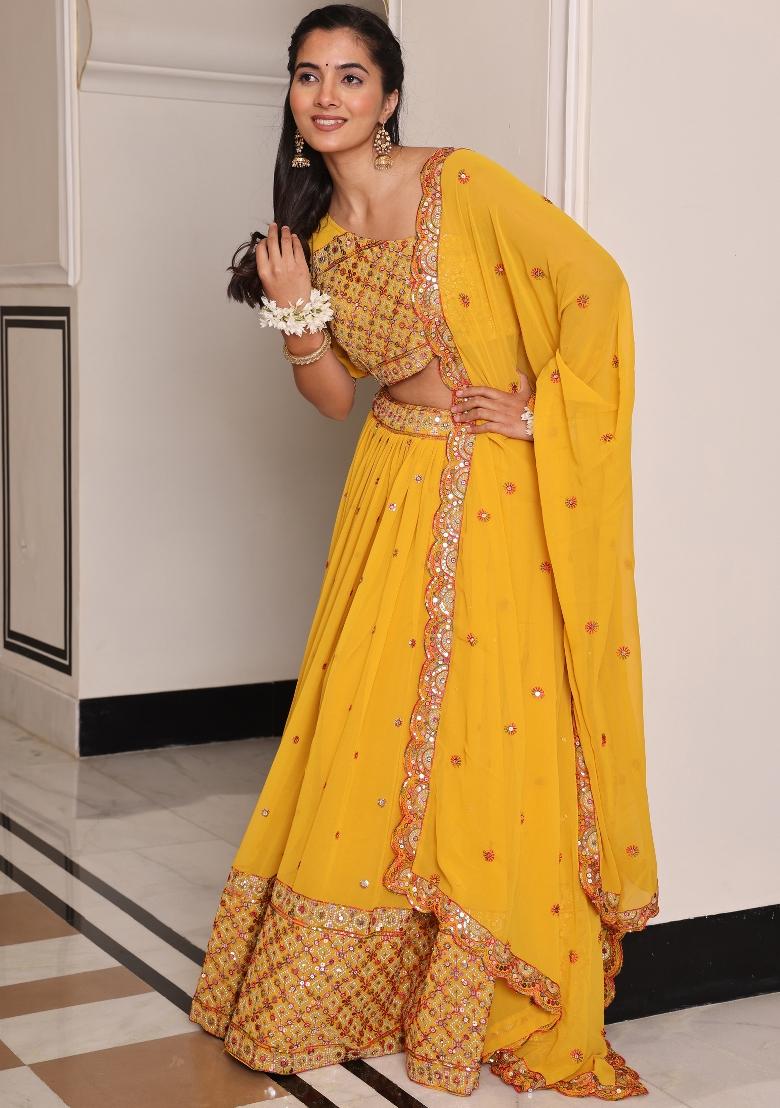Yellow Embroidered Georgette Lehenga Set - Indya