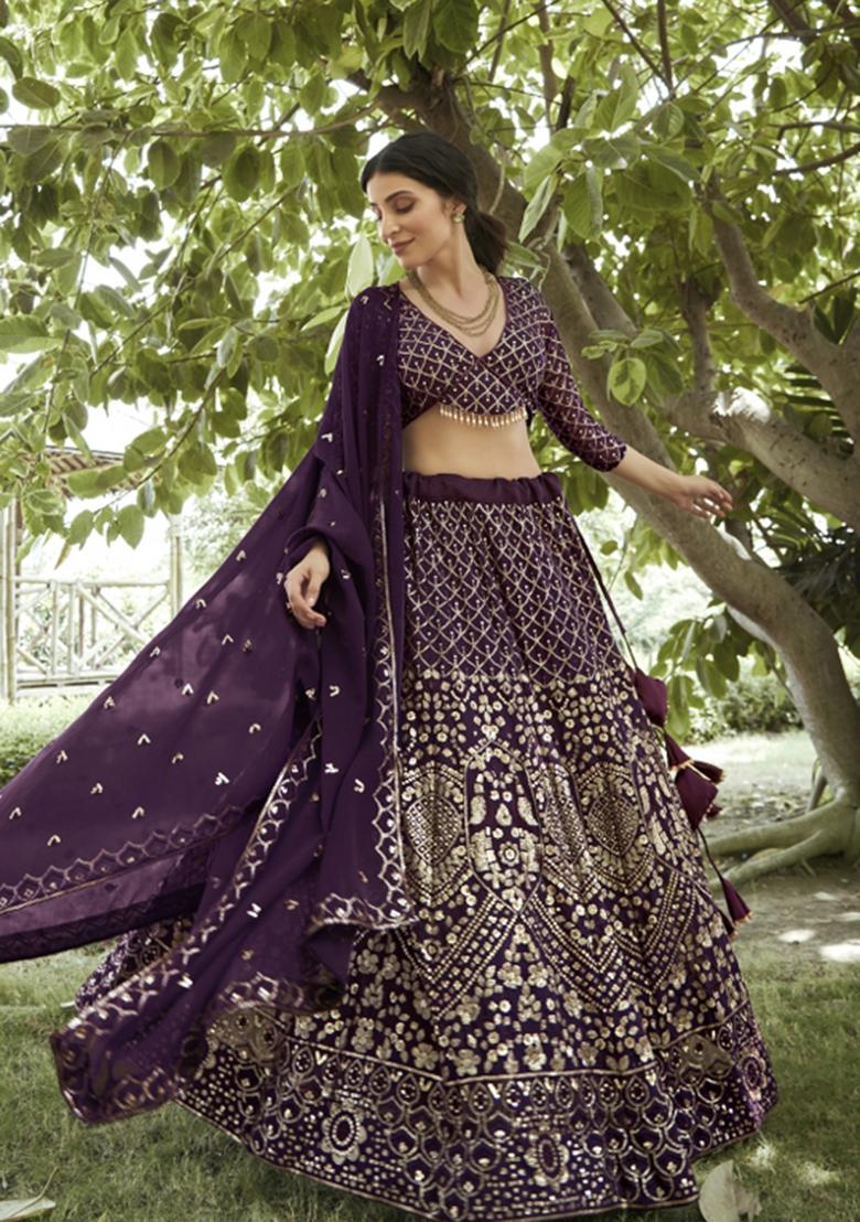 Dark Purple Embroidered Georgette Lehenga Set - Indya