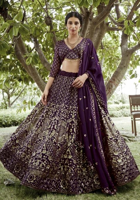 Dark Purple Embroidered Georgette Lehenga Set