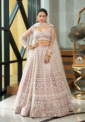 Cream Embroidered Net Lehenga Set