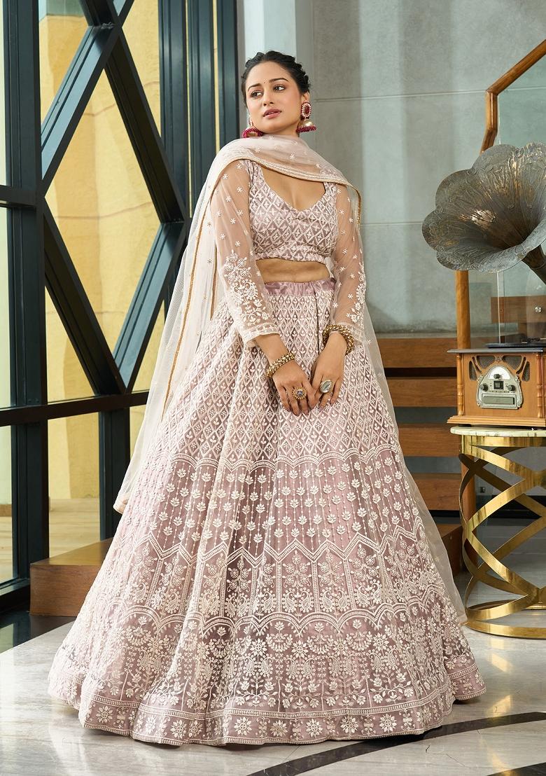 Cream Embroidered Net Lehenga Set - Indya