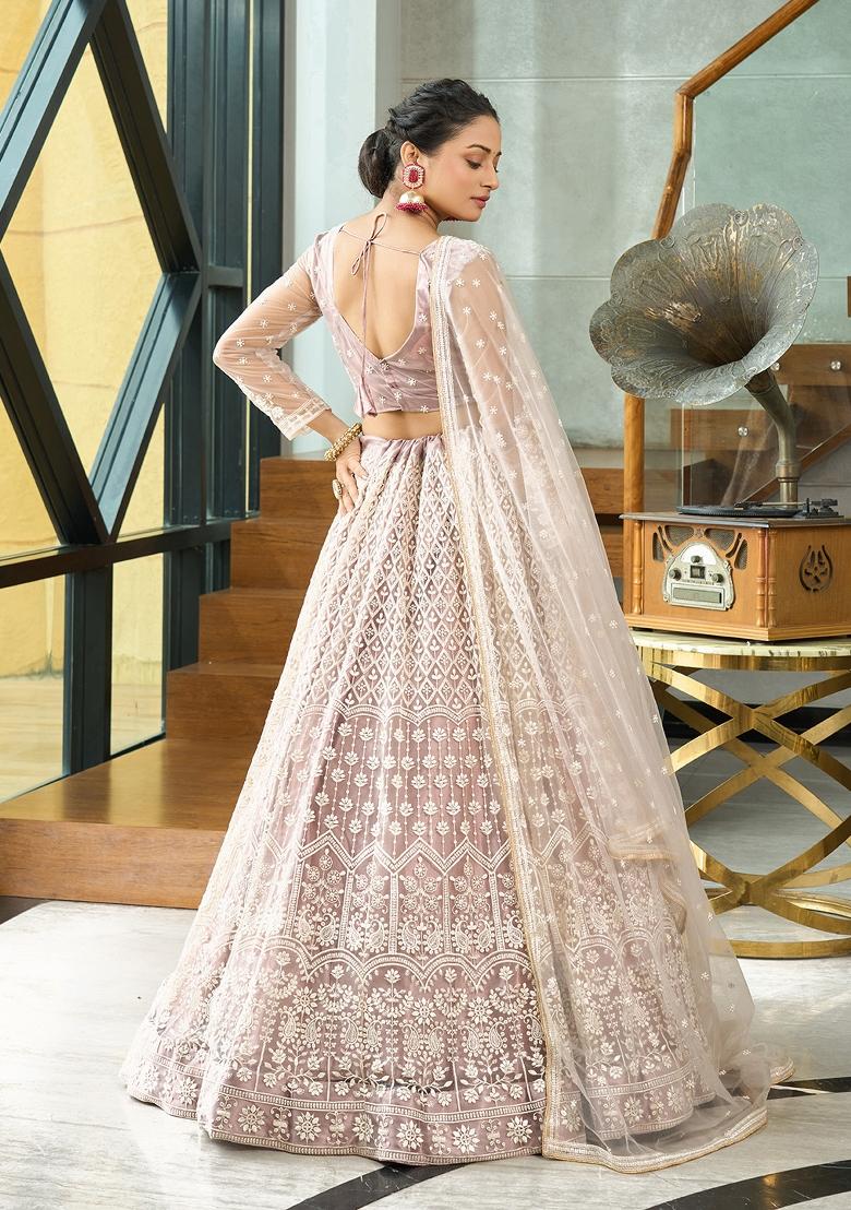 Cream Embroidered Net Lehenga Set - Indya