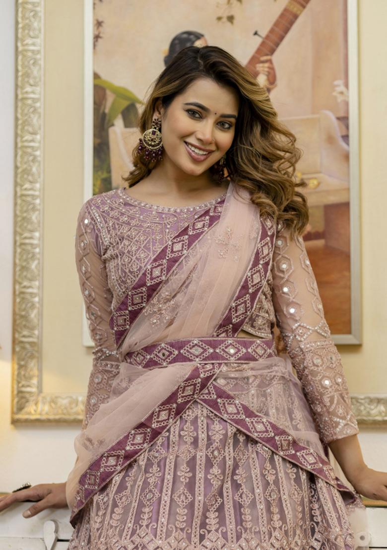 Dusty Embroidered Net Lehenga Set - Indya