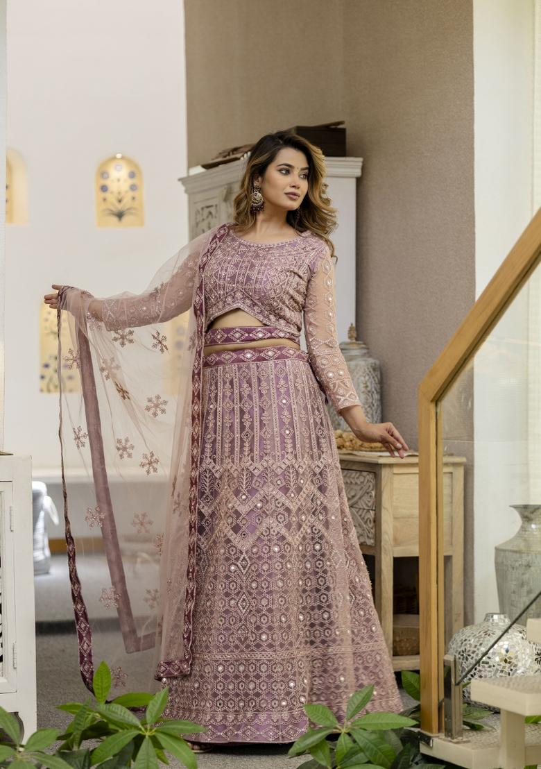 Dusty Embroidered Net Lehenga Set - Indya